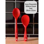 Seraph Isıya Dayanıklı Yanmaz Yapışmaz Silikon Uzun Kısa Derin Kaşık 28 Cm- Pilav Kaşığı 22 cm - Kırmızı
