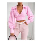 SERBA Kadın Pembe Çizgili Kruvaze Yaka Crop Bluz