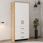 Serçe Design 2 Kapaklı 3 Çekmeceli Gardırop – Modern ve Kullanışlı Çok Amaçlı Dolap (80X38X182 Cm) - Safir Meşe - Beyaz