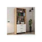 Serçedesign 3 Çekmeceli Safir Meşe - Beyaz Kitaplık – Modern ve Çok Amaçlı Açık Raflı Dolap (80x38x182 cm)
