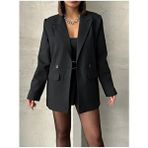 Seren Tekstil Kadın Tek Düğmeli Oversize Blazer Ceket Siyah Düz Desen Uzun Kol Dokuma Kumaş - XL