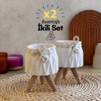Serengeti Home Ahşap Ayaklı Beton Saksı Seti - Minimalist Ev ve Ofis Dekoru İkili Avantajlı Set - Beyaz