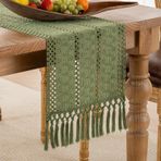 Serento Masa örtüsü makrome çiftlik evi yeşil Boho 30 x 180 cm masa runner tığ işi rustik pamuk püsküllü runner retro rustik düğün mutfak masa dekorasyonu