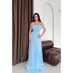 Serica Moda Bebe Mavi Kayık Yaka Pliseli Abiye Elbise