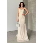 Serica Moda Ekru Pul Payet İşlemeli Straplez Abiye Elbise