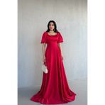 Serica Moda Kırmızı Kare Yaka Balon Kol Maxi Abiye Elbise