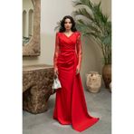 Serica Moda Kırmızı Kolu İşlemeli Drapeli Kuyruklı Abiye Elbise