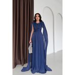 Serica Moda Lacivert Şifon Dökümlü Pelerin Kollu Uzun Abiye Elbise