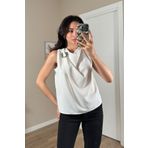 Serica Moda Omuz Tokalı Puantiyeli Degaje Yaka Bluz