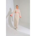 Şerit Detaylı Kemerli Tesettür Elbise - 36 - 38 - Pembe - Bej