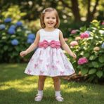 Serkon Baby Kız Bebek %100 Pamuklu Pembe Fiyonklu Bayramlık Elbise - Çiçekli Doğum Günü ve Özel Gün Yazlık Elbisesi - 12 - 18 Ay - Beyaz - Pembe