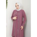 Serpme Taşlı Büyük Beden Anne Elbisesi - Pembe - 54