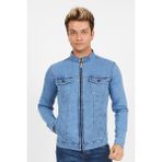 Serseri Jeans Slim Fit Fermuarlı Likralı Erkek Açık Mavi Kot Ceket - 2XL