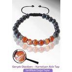 Sertifikalı Doğal Obsidyen - Karnelyan Akik Taşı Bileklik - Ayarlamalı