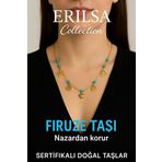 Sertifikalı Gold Firuze - Turkuaz Taşı Şans Charm Kolye - Işıltı Serisi