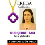 Sertifikalı Gold Yonca Model Mor Çeroit Taşı Kolye Sezgi Güçlendirir