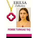Sertifikalı Gold Yonca Model Pembe Turkuaz Taşı Kolye Duygusal Denge Sağlar