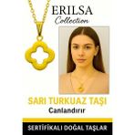 Sertifikalı Gold Yonca Model Sarı Turkuaz Taşı Kolye Neşe Verir