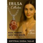 Sertifikalı Gümüş Tel Sargılı Doğal Kızıl Yemen Akik Taşı Kolye – 20-25 Mm Koruma Ve Denge Taşı