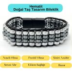 Sertifikalı Hematit Doğal Taş Tasarım Erkek Bileklik Gümüş ve Siyah Renk - 19 cm - Renkli