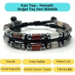 Sertifikalı Kan Taşı ve Hematit Makrome Doğal Taş Deri Erkek Bileklik - Standart - Renkli