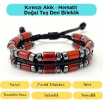 Sertifikalı Kırmızı Akik ve Hematit Makrome Doğal Taş Deri Erkek Bileklik - Standart - Renkli