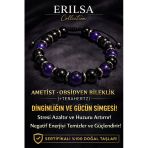 Sertifikalı Obsidyen - Ametist Taşı Bileklik - 8 Mm Doğal Taş Terahertz Aparatlı Unisex El Yapımı
