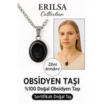 Sertifikalı Oval Siyah Obsidyen Taşı Doğal Taş Kolye - Gümüş Aparat Negatif Enerji Temizliği Koruma