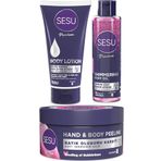 Sesu 175 ml Vücut Losyonu + 250 ml Vücut Peelingi + 150 ml Simli Cilt Bakım Yağı Karma 3'lü Set