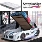 Setay Audi Kapıları Açılabilen Full Ledli Koltuklu Bazalı Arabalı Yatak, Beyaz + 1 Adet Comfort Yatak - Renkli