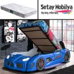 Setay Audi Kapıları Açılabilen Full Ledli Koltuklu Bazalı Arabalı Yatak, Mavi + 1 Adet Comfort Yatak - Renkli