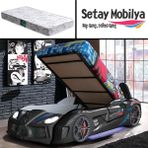 Setay Audi Kapıları Açılabilen Full Ledli Koltuklu Bazalı Arabalı Yatak, Siyah + 1 Adet Comfort Yatak - Renkli