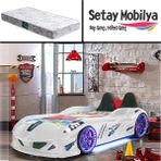 Setay Jaguar Full Ledli Koltuklu Arabalı Yatak, Beyaz + 1 Adet Comfort Yatak - Renkli