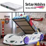 Setay Jaguar Full Ledli Koltuklu Bazalı Arabalı Yatak, Beyaz + 1 Adet Comfort Yatak - Renkli