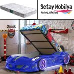 Setay Jaguar Full Ledli Koltuklu Bazalı Arabalı Yatak, Mavi + 1 Adet Comfort Yatak - Renkli