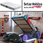 Setay Jaguar Full Ledli Koltuklu Bazalı Arabalı Yatak, Siyah + 1 Adet Comfort Yatak - Renkli