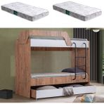 Setay Triple Yavrulu Metal Ayaklı Ranza + 2 Adet Comfort Yatak - Ceviz - Beyaz - 90 x 190 cm