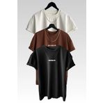SeusCraft 3'lü Brooklyn Tişört - Beyaz Kahverengi Siyah Baskılı Oversize Yazlık T-Shirt Bisiklet Yaka