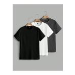 SeusCraft 3'lü Düz Basic Tişört - Siyah Beyaz Füme Oversize Baskısız Yazlık T-Shirt Bisiklet Yaka