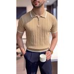 SeusCraft Erkek Çizgili Fermuarlı T-Shirt - Bej Örme Triko Tişört Polo Yaka