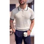 SeusCraft Erkek Çizgili Fermuarlı T-Shirt - Beyaz Örme Triko Tişört Polo Yaka