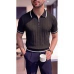 SeusCraft Erkek Çizgili Fermuarlı T-Shirt - Siyah Örme Triko Tişört Polo Yaka