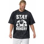 Sevbano Arnold Stay Hungry Fitness Bodybuilding Sporcu Gym Baskılı Unisex Oversize Vintage Yıkamalı Tişört - Siyah - 4XL