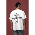 Sevbano Arnold Work Hard Yazılı Body Building Sırt Baskılı Unisex Oversize Fitness Gym Sporcu Tişört - Beyaz - XS