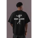 Sevbano Arnold Work Hard Yazılı Body Building Sırt Baskılı Unisex Oversize Fitness Gym Sporcu Tişört - Siyah - 3XL