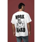 Sevbano Arnold Work Hard Yazılı Bodybuilding Sırt Baskılı Unisex Oversize Fitness Tişört - Beyaz - 3XL