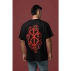 Sevbano Berserk Guts Logo Sırt Baskılı Unisex Oversize Anime Karakter Tişört - Siyah - 4XL