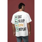 Sevbano Eat Sleep Gym Repeat Bodybuilding Sırt Baskılı Unisex Oversize Fitness Sporcu Tişört - Beyaz - 3XL