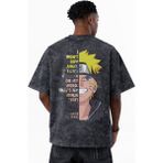 Sevbano Naruto Uzumaki Anime Baskılı Unisex Oversize Eskitme Yıkamalı Tişört - Siyah - 3XL