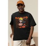 Sevbano Naruto Uzumaki Baskılı Unisex Oversize Anime Dizi Karakter Tişört - Siyah - XL